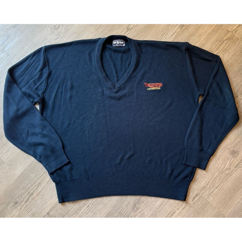 Vintage Triumph Motorcycles Sweater Mr Briar Made USA Navy Embroidered Pullover - Picture 1 of 5